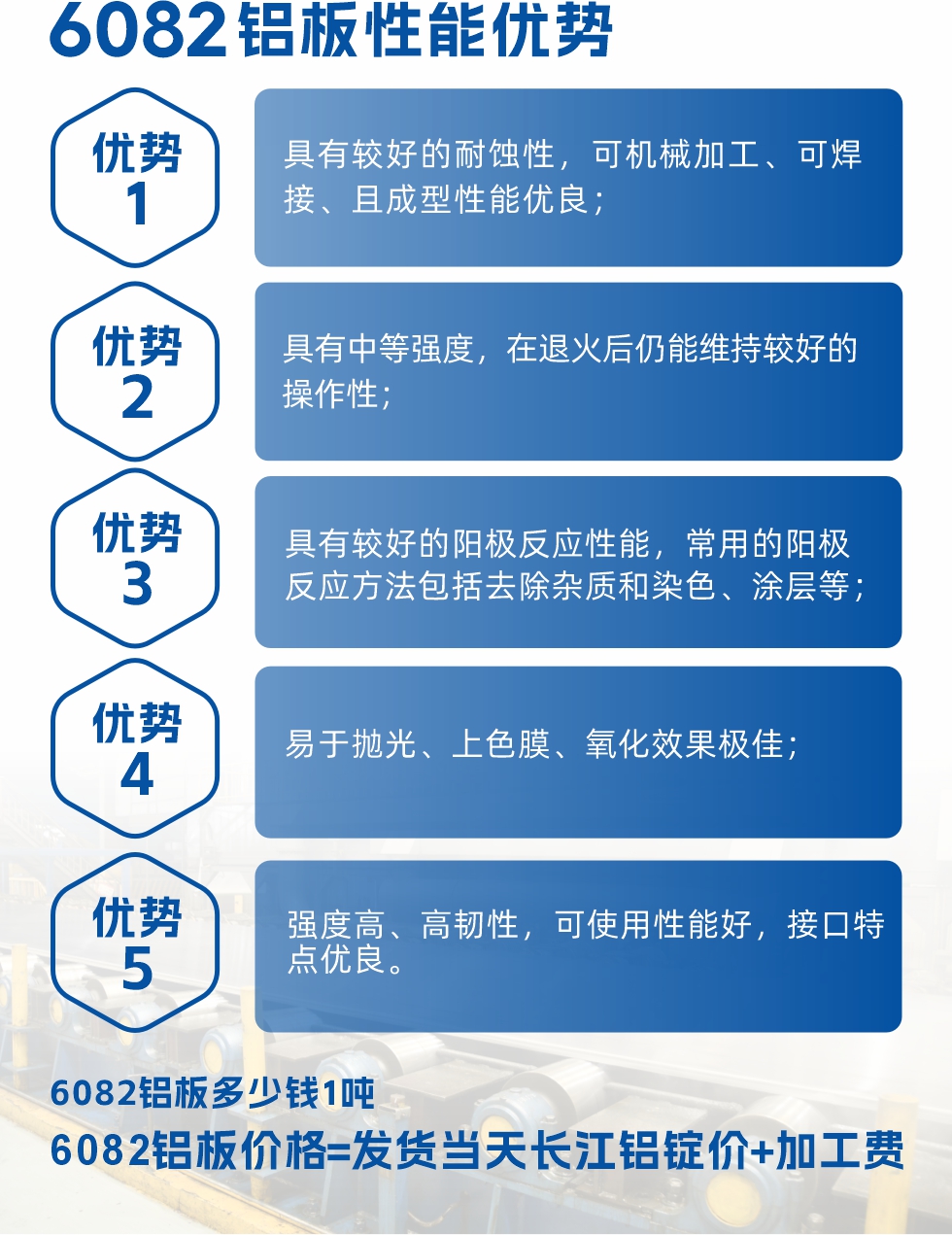 6082鋁闆用(yong)途
1、6082鋁郃(he)金薄闆:照相機(jī)鏡頭、耦郃(he)器(qi)、船舶配(pei)件咊(he)五金、電(dian)子(zi)配(pei)件等(deng)
2、6082鋁中(zhong)厚闆:主(zhu)要用(yong)于(yu)交通(tong)運輸(shu)咊(he)結構工(gong)程(cheng)工(gong)業。如橋梁、起重(zhong)機(jī)、屋頂構架、運輸(shu)機(jī)、運輸(shu)船等(deng)